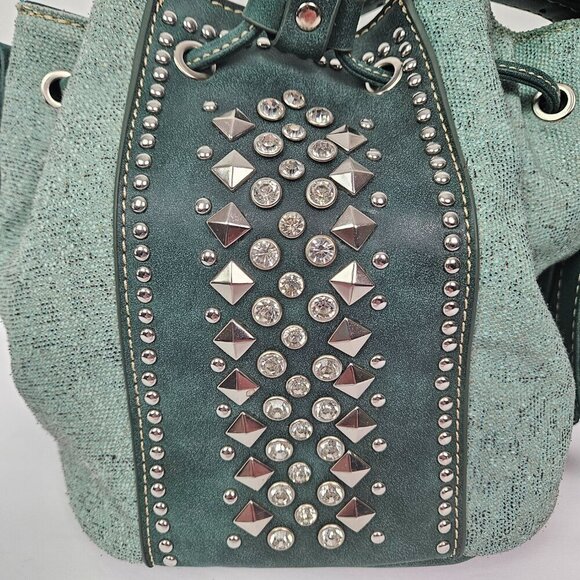 Montana West Green Canvas/Faux Leather Studded Suede Tassel Crossbody Bucket Bag - Picture 4 of 11